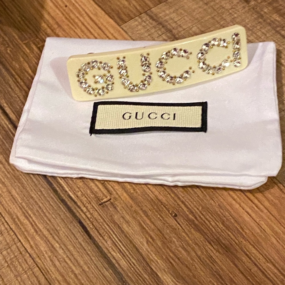 Gucci Cream Crystal Logo Hair Barrette